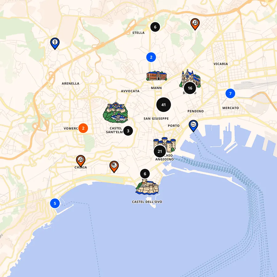 El mapa de Nápoles de Cose Fighe, con los monumentos dibujados y los marcadores