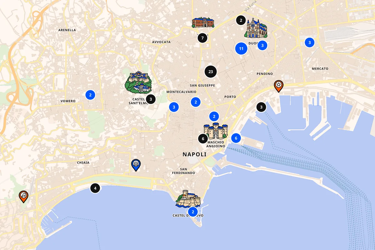 The Cose Fighe map of Naples, with hand-drawn landmarks and pins